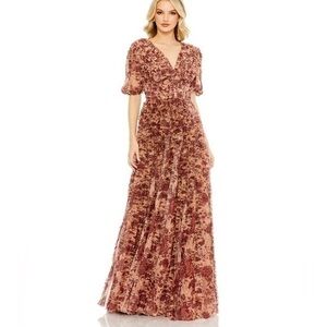 MAC DUGGAL Beige Mesh V-Neck Floral Dress